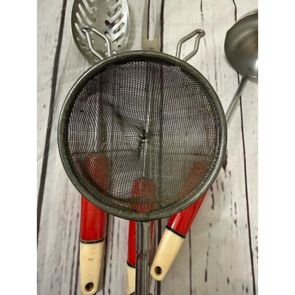 Vintage lot of 4 Kitchen Utensil Red Handle Strainer Ladle Spoon Meat Fork